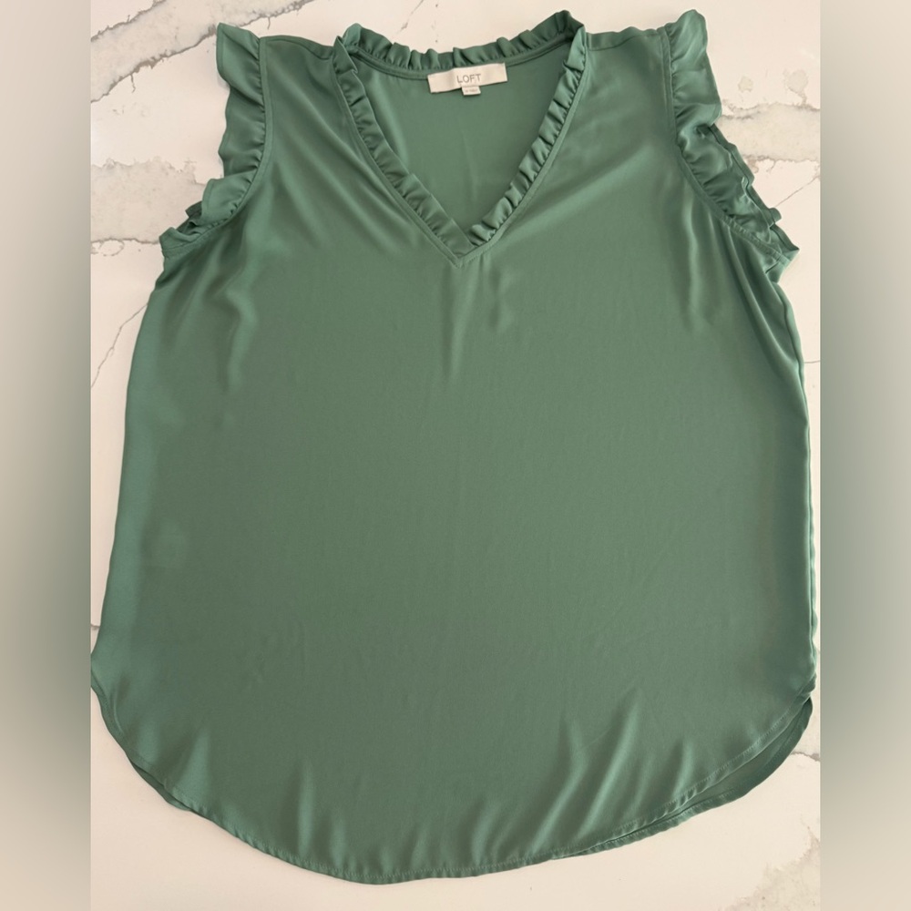 LOFT- Size Med V-neck Ruffle Sleeveless Blouse-Olive Green